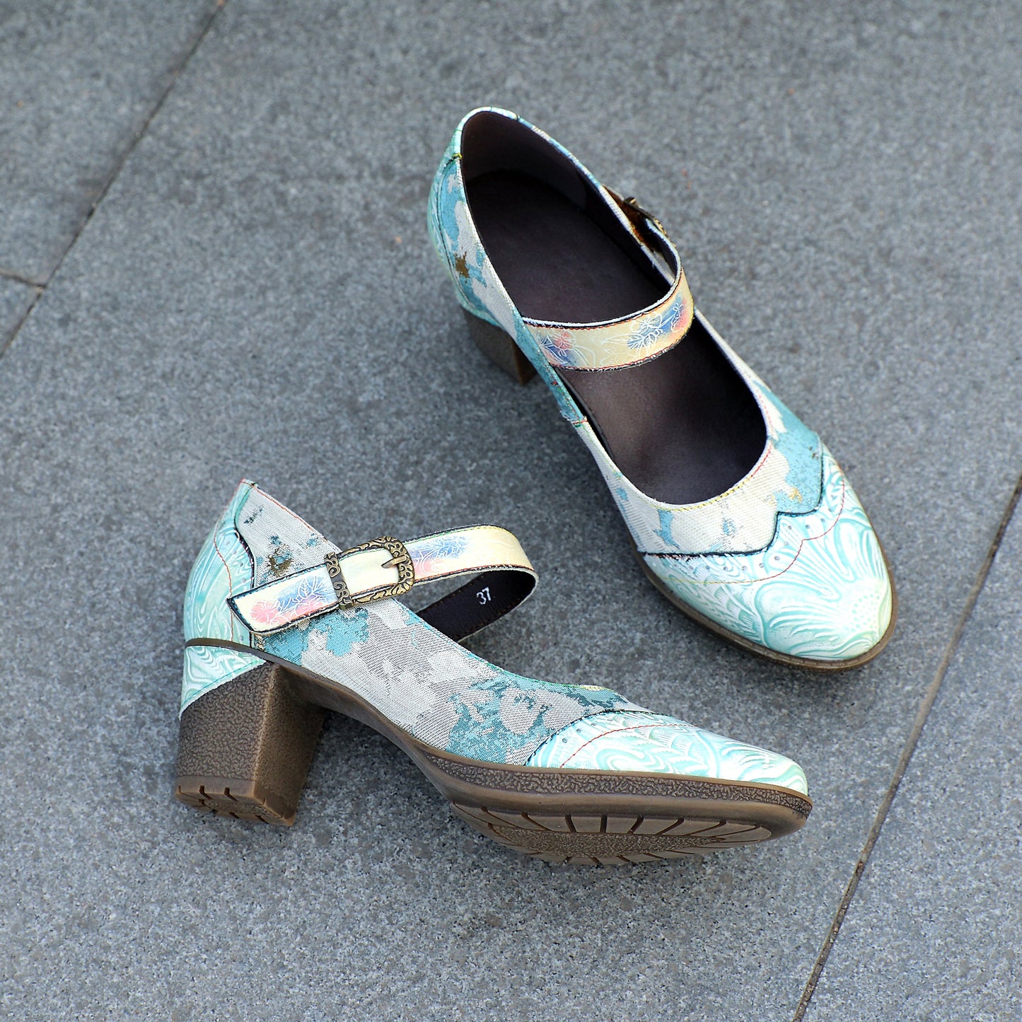 Starlit Grace Vintage Blue Leather Buckle Pumps Wedding