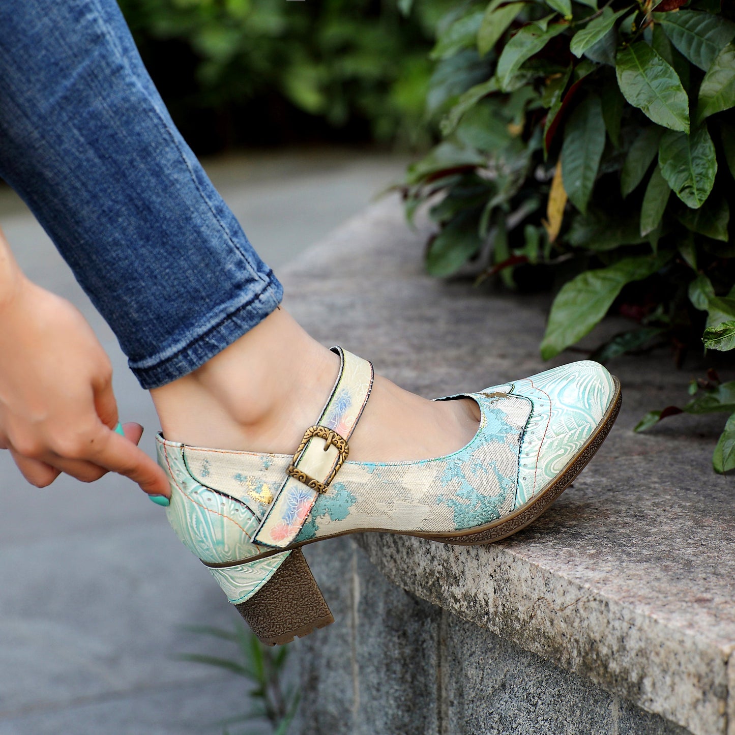 Starlit Grace Vintage Blue Leather Buckle Pumps Wedding