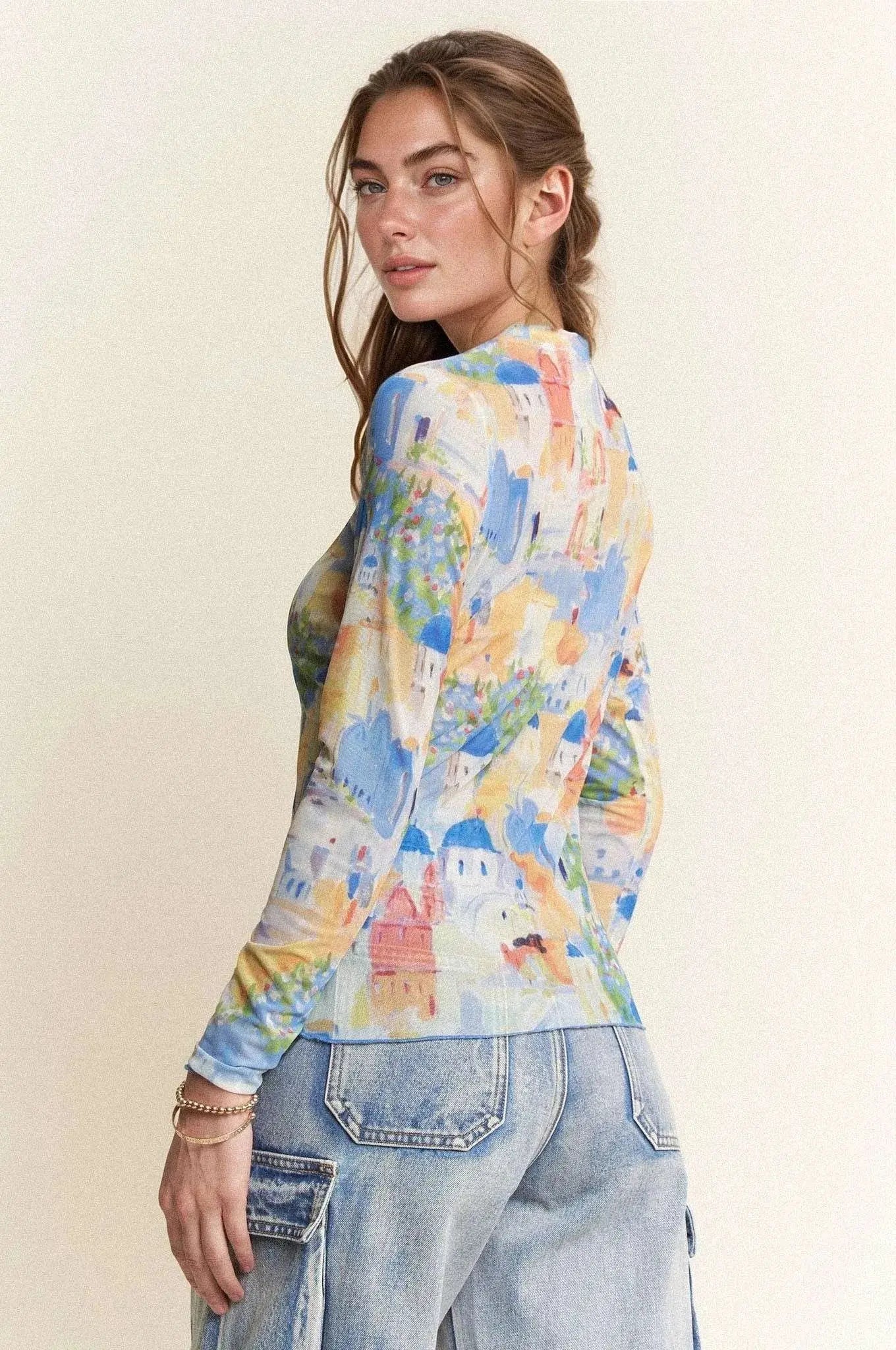 Davi & Dani Multi Printed Round Neck Mesh Long Sleeve Top