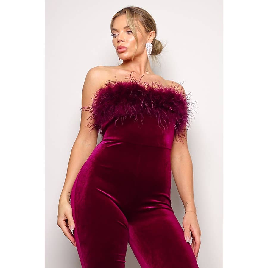 JOSYLN FEATHER VELVET STRAPLESS JUMPSUIT