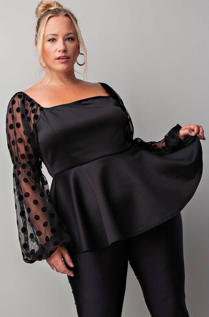 Adriana Plus Size Peplum Top With Long Balloon Sleeves & Chic Square Neckline