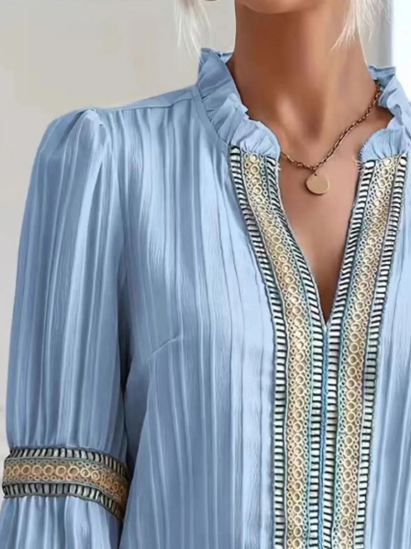 Textured Notched Balloon Sleeve Elegant Blouse