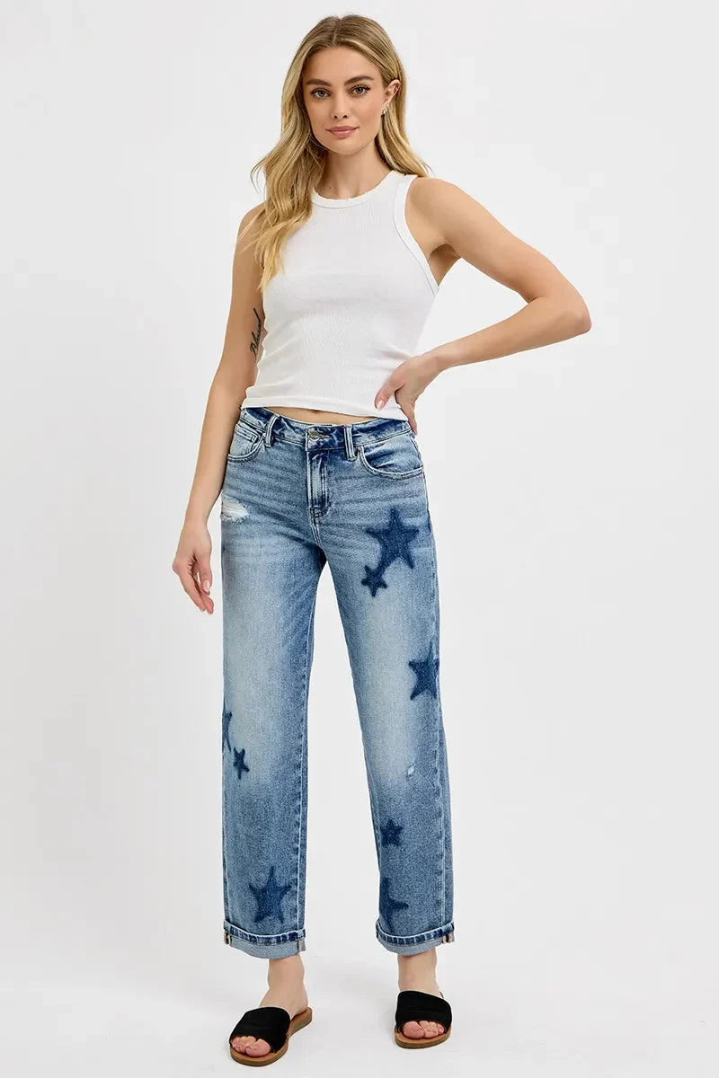Full Size Mid Rise Boyfriend Star Shadow Detail Cuffed RISEN Jeans