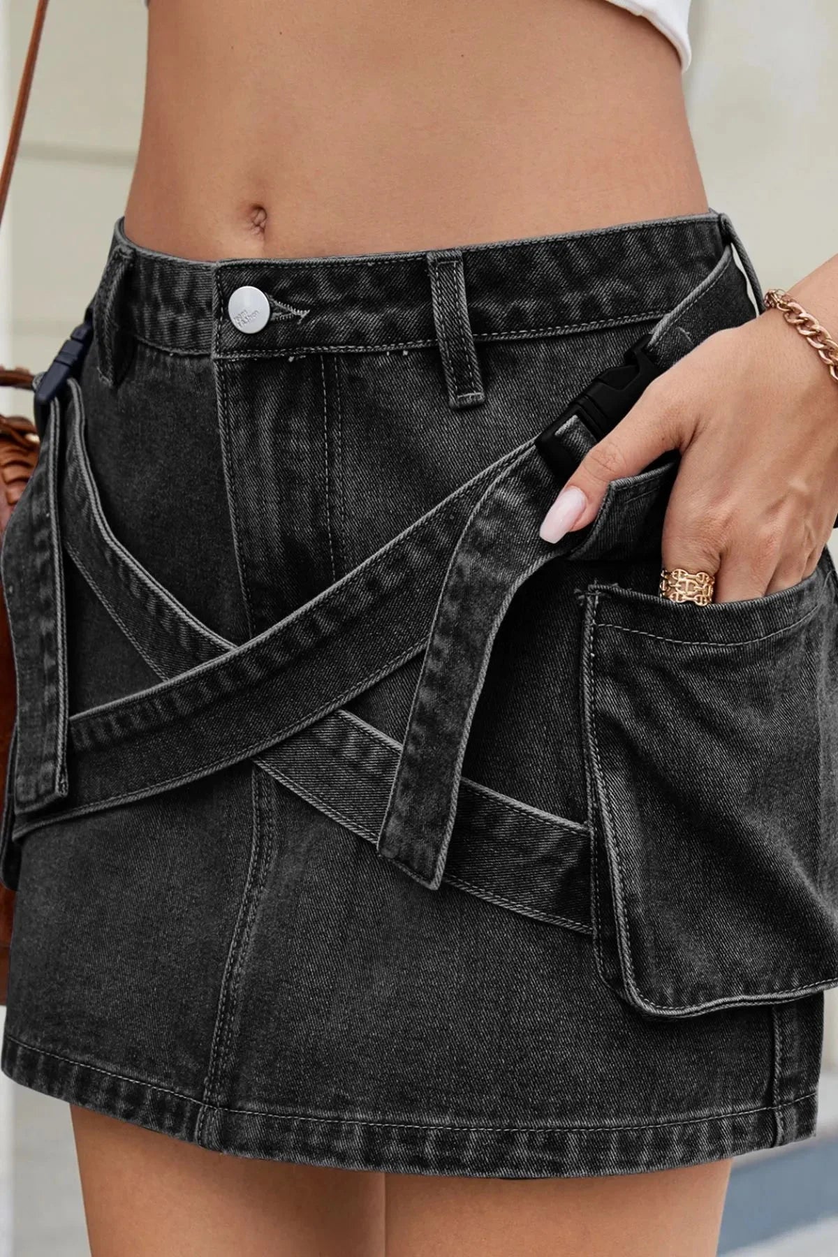 Celestial Chic Criss-Cross Denim Mini Skirt