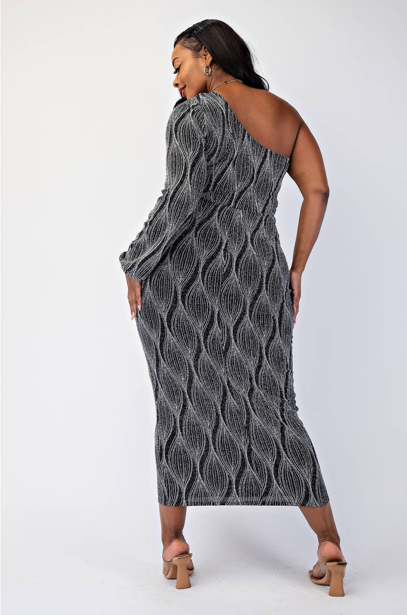 SABRINA PLUS SIZE GLITTER KNIT ONE SHOULDER DRESS WITH CUTOUT