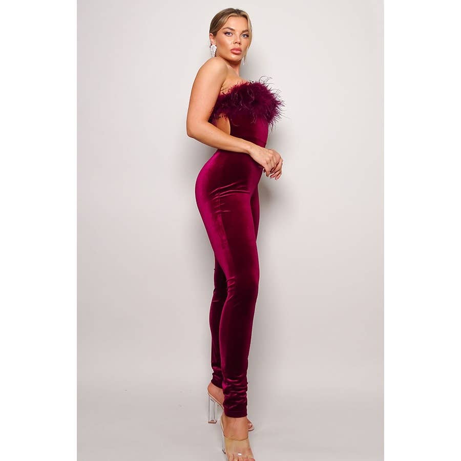 JOSYLN FEATHER VELVET STRAPLESS JUMPSUIT