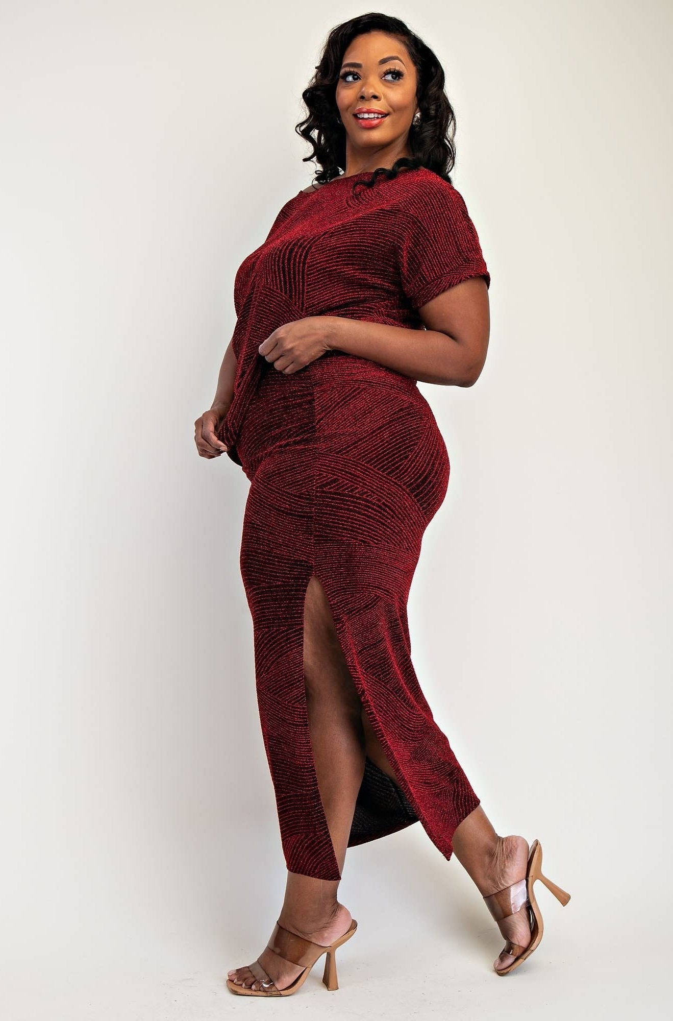 GIA PLUS SIZE LUREX KNIT SHORT SLEEVE TOP AND SKIRT SET