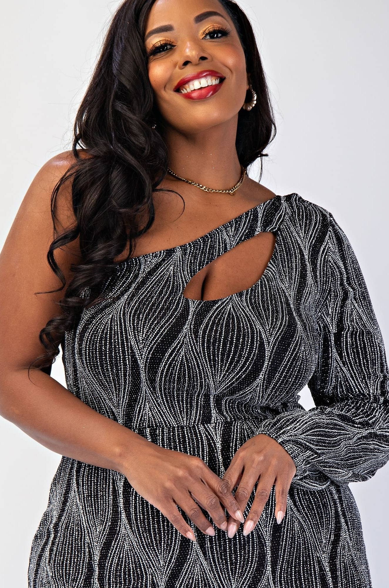 SABRINA PLUS SIZE GLITTER KNIT ONE SHOULDER DRESS WITH CUTOUT