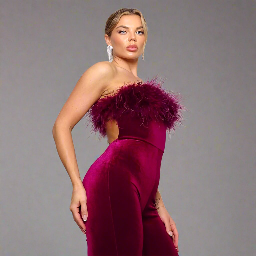 JOSYLN FEATHER VELVET STRAPLESS JUMPSUIT