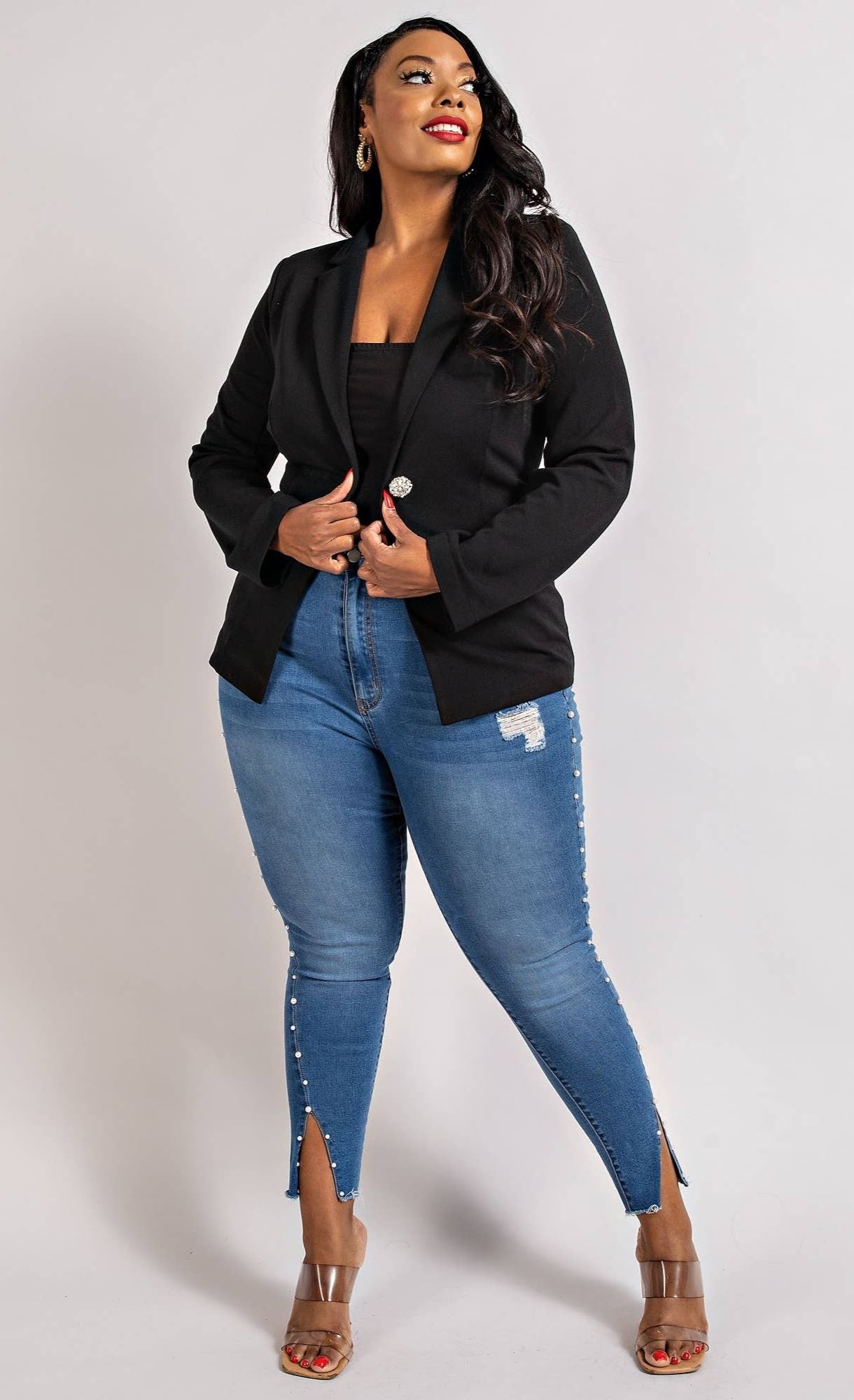 ZOE PLUS SIZE SRETCH LUXE CRYSTAL DETAIL BUTTON BLAZER