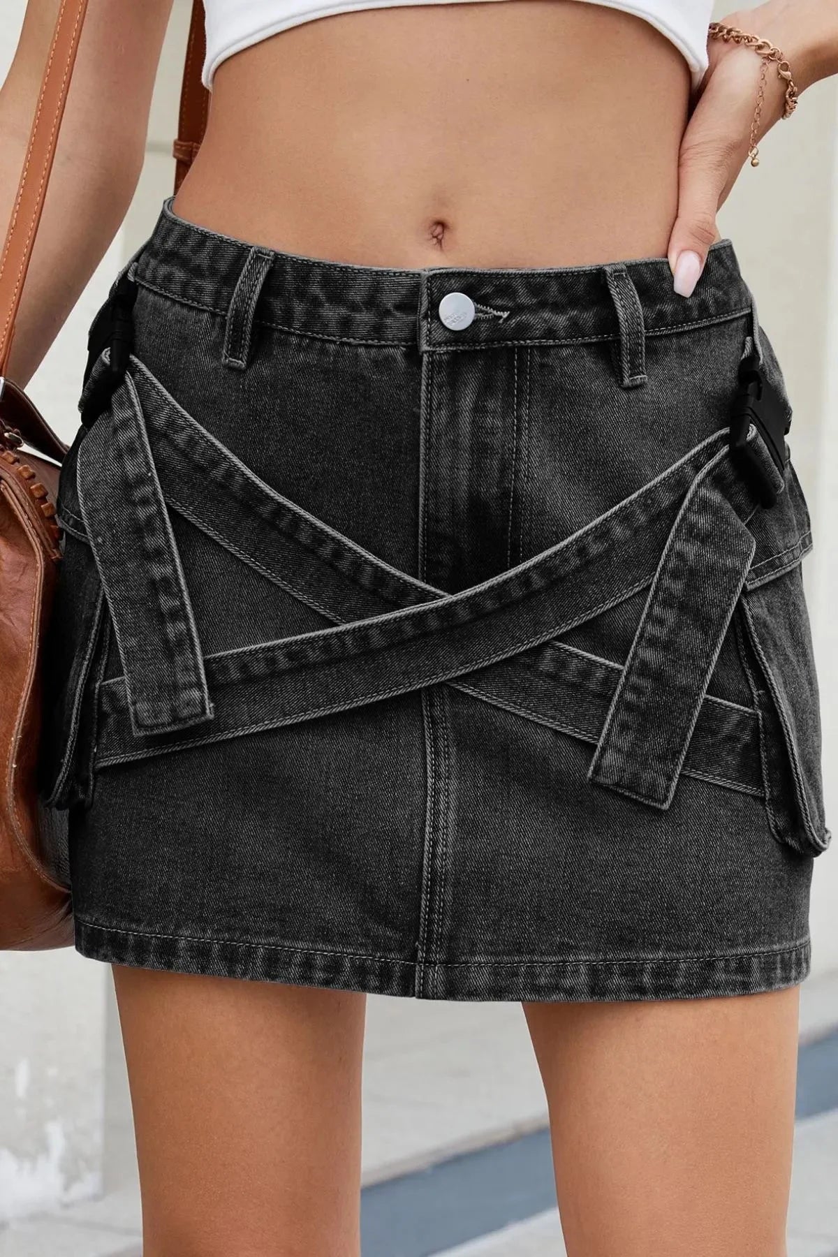 Celestial Chic Criss-Cross Denim Mini Skirt