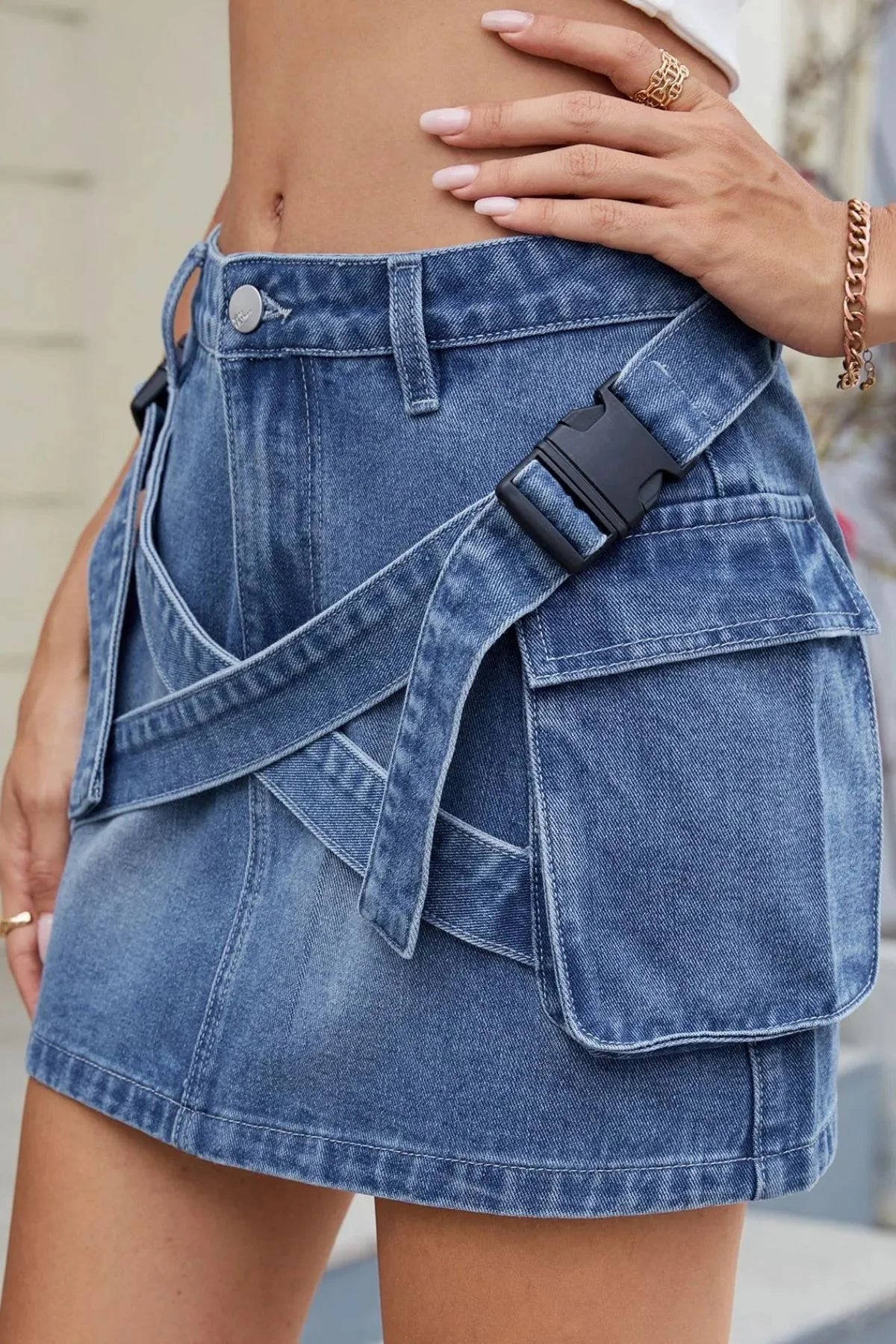 Celestial Chic Criss-Cross Denim Mini Skirt