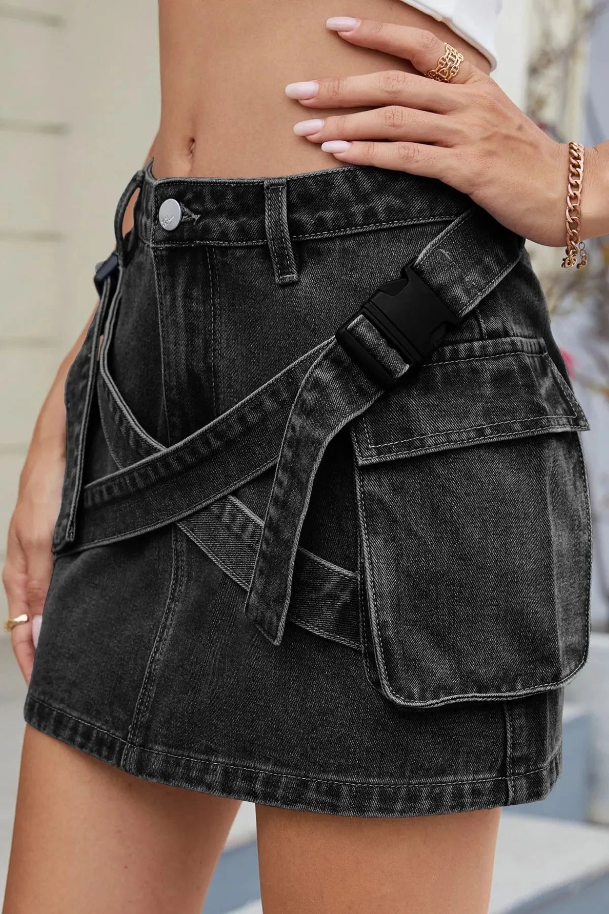 Celestial Chic Criss-Cross Denim Mini Skirt