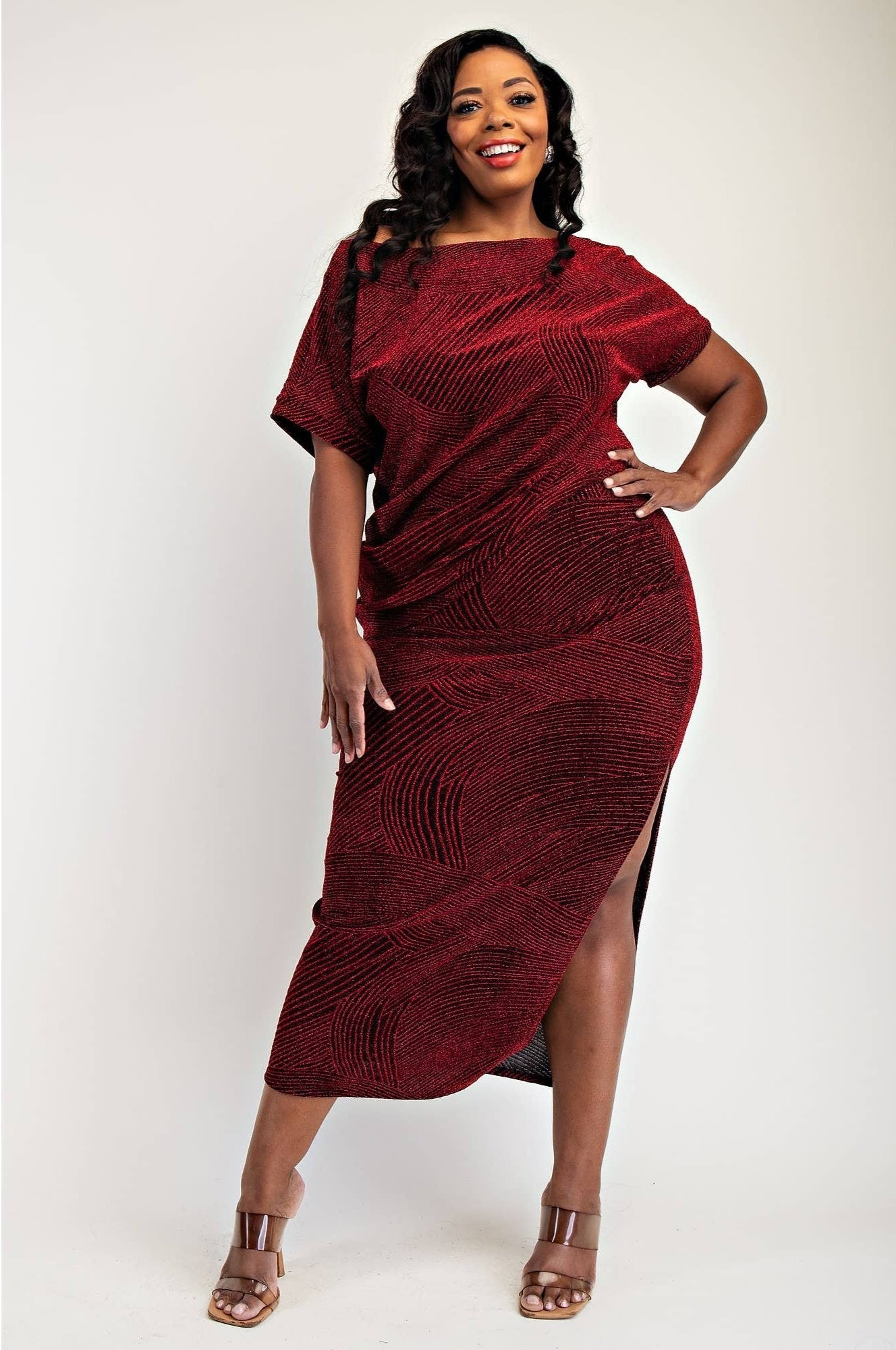 GIA PLUS SIZE LUREX KNIT SHORT SLEEVE TOP AND SKIRT SET