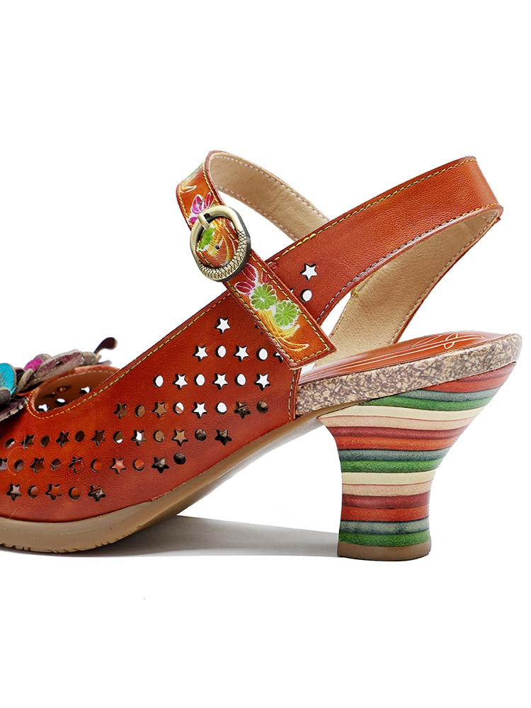 Starlit Radiance Three Flower Hollow Leather Sandals