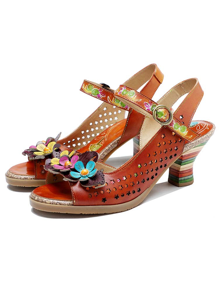 Starlit Radiance Three Flower Hollow Leather Sandals