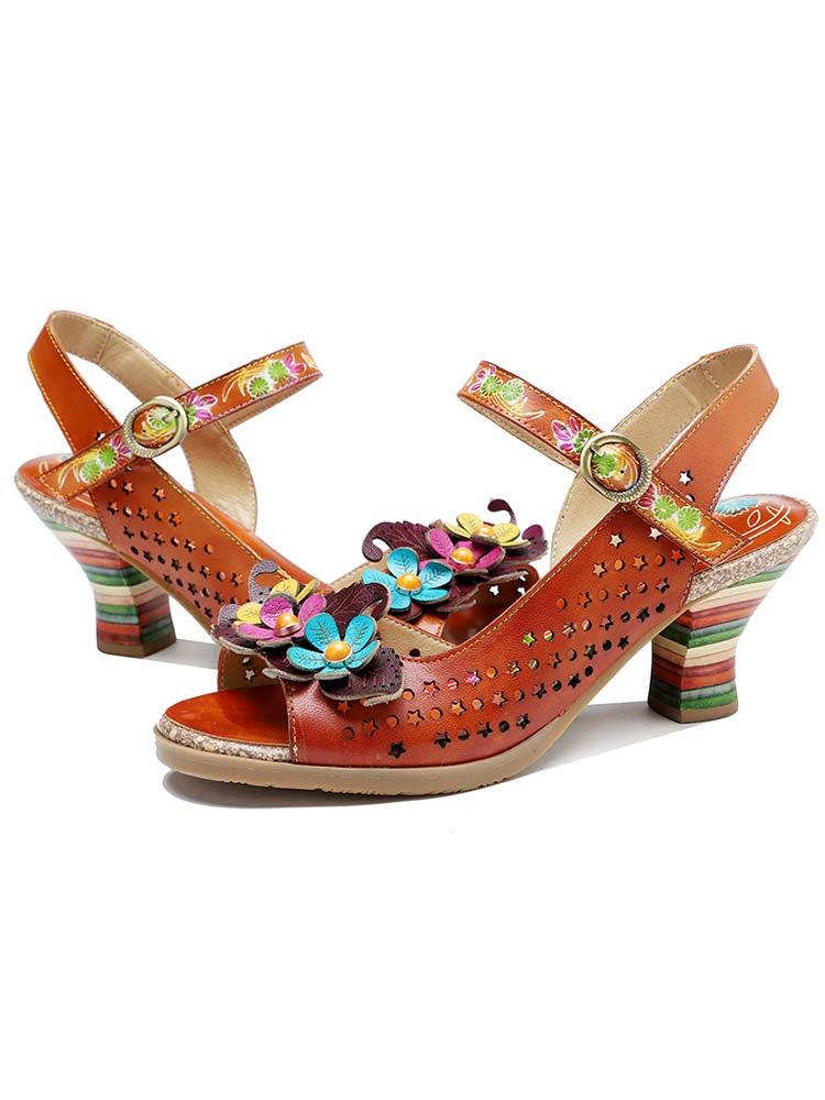 Starlit Radiance Three Flower Hollow Leather Sandals