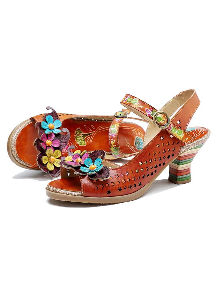 Starlit Radiance Three Flower Hollow Leather Sandals