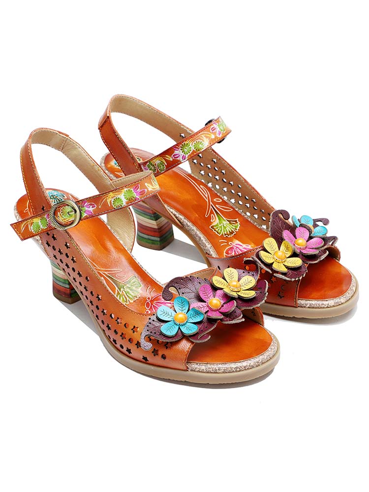 Starlit Radiance Three Flower Hollow Leather Sandals