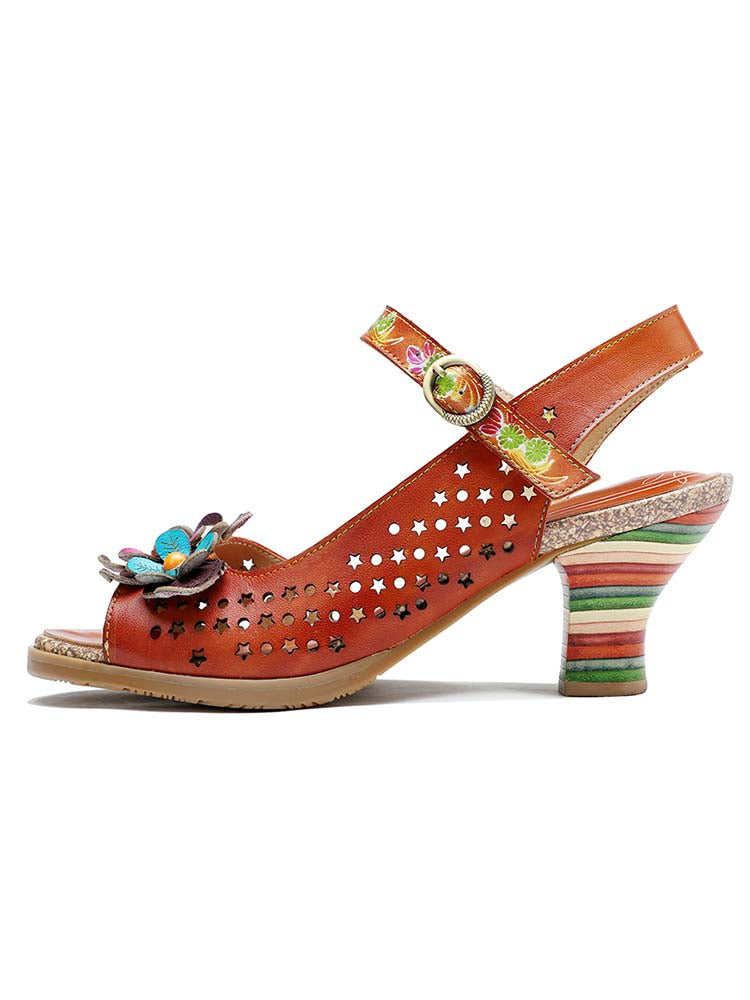 Starlit Radiance Three Flower Hollow Leather Sandals