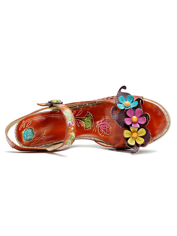 Starlit Radiance Three Flower Hollow Leather Sandals