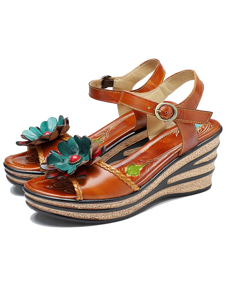 Starlit Radiance Handmade Retro Floral Wedge Sandals For Poise