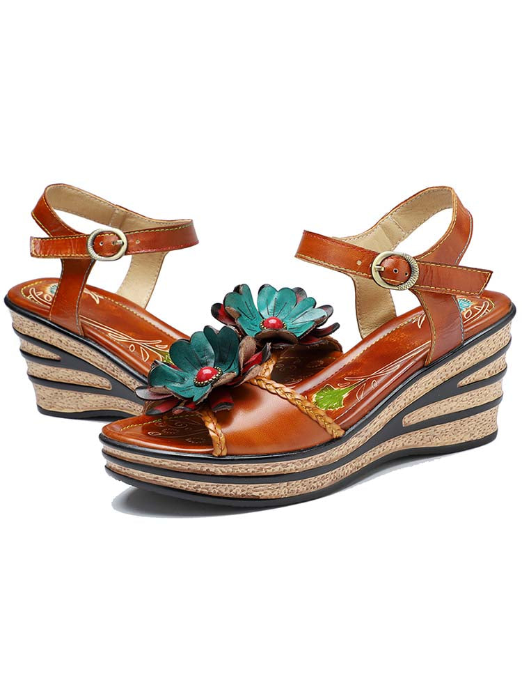 Starlit Radiance Handmade Retro Floral Wedge Sandals For Poise
