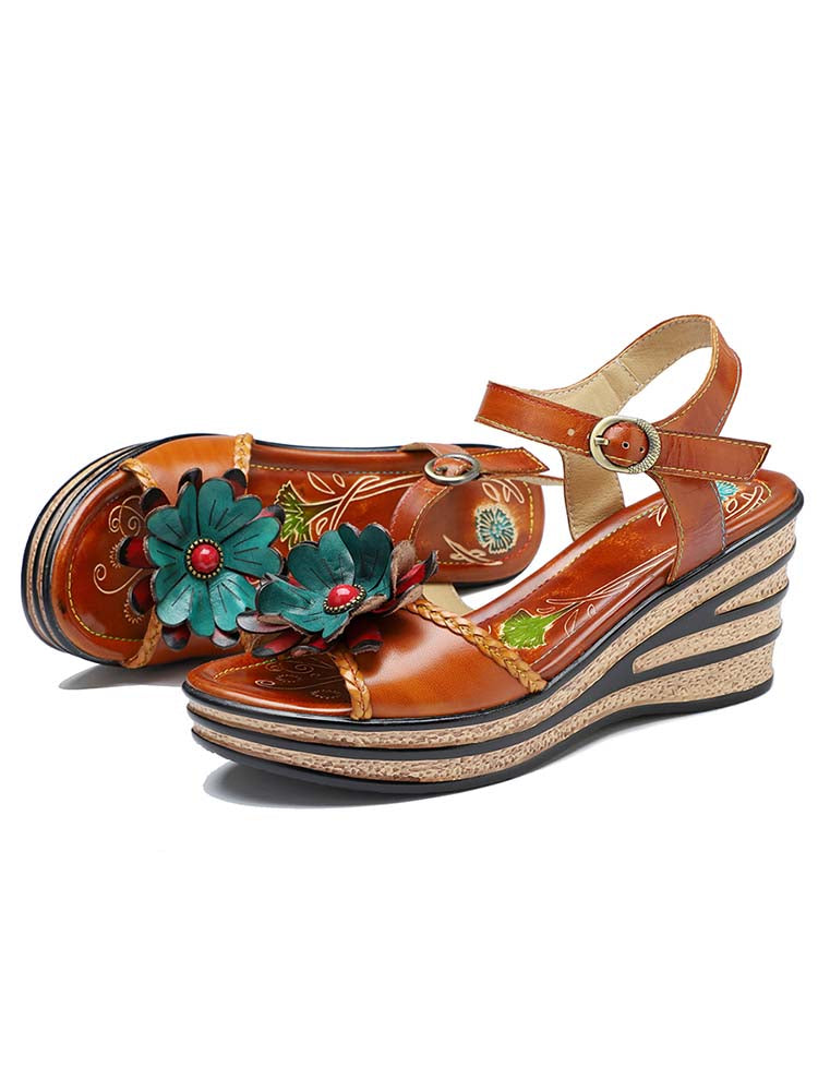 Starlit Radiance Handmade Retro Floral Wedge Sandals For Poise