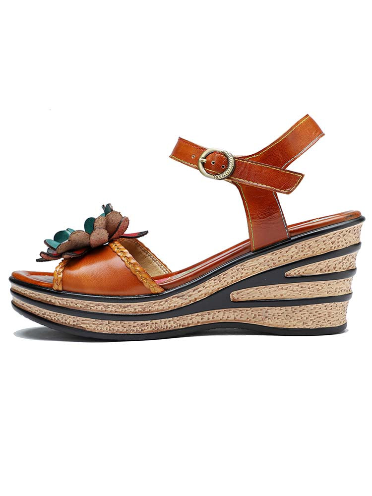 Starlit Radiance Handmade Retro Floral Wedge Sandals For Poise