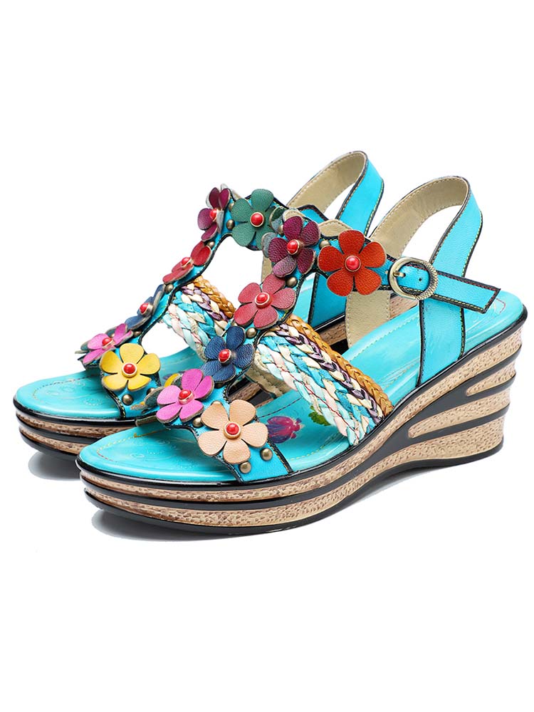 Starlit Confidence Handmade Floral Leather Wedge Sandals