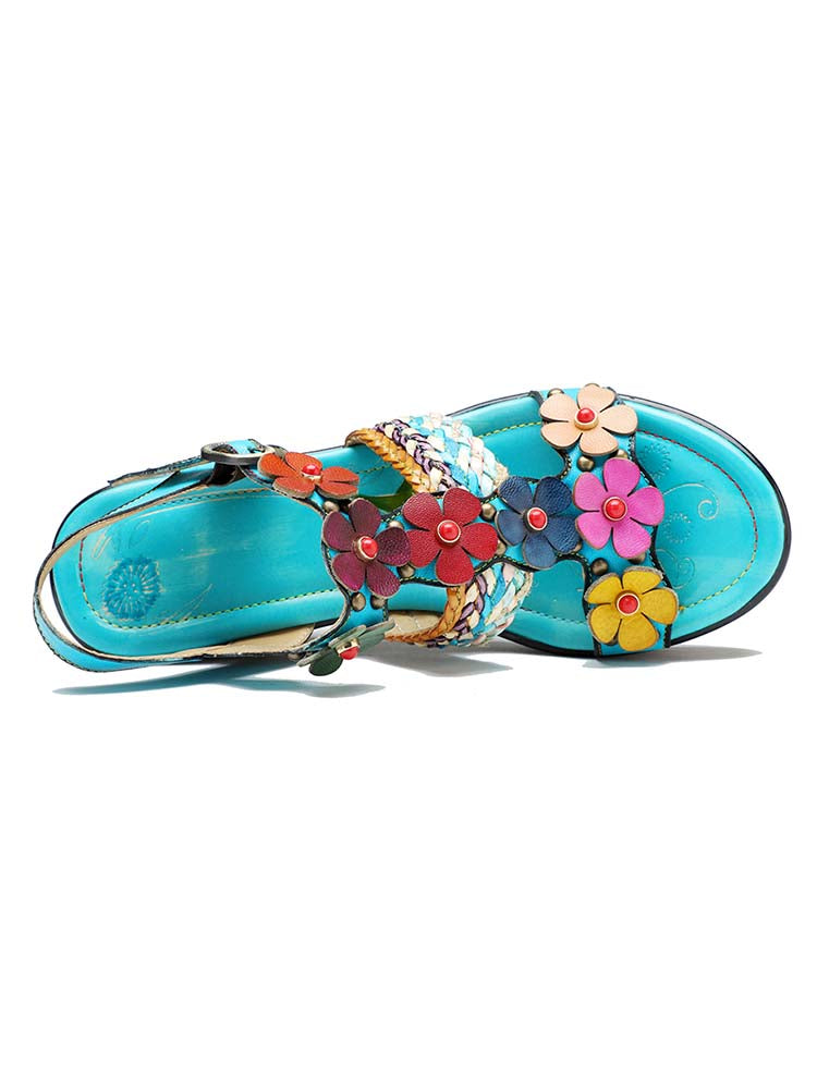 Starlit Confidence Handmade Floral Leather Wedge Sandals