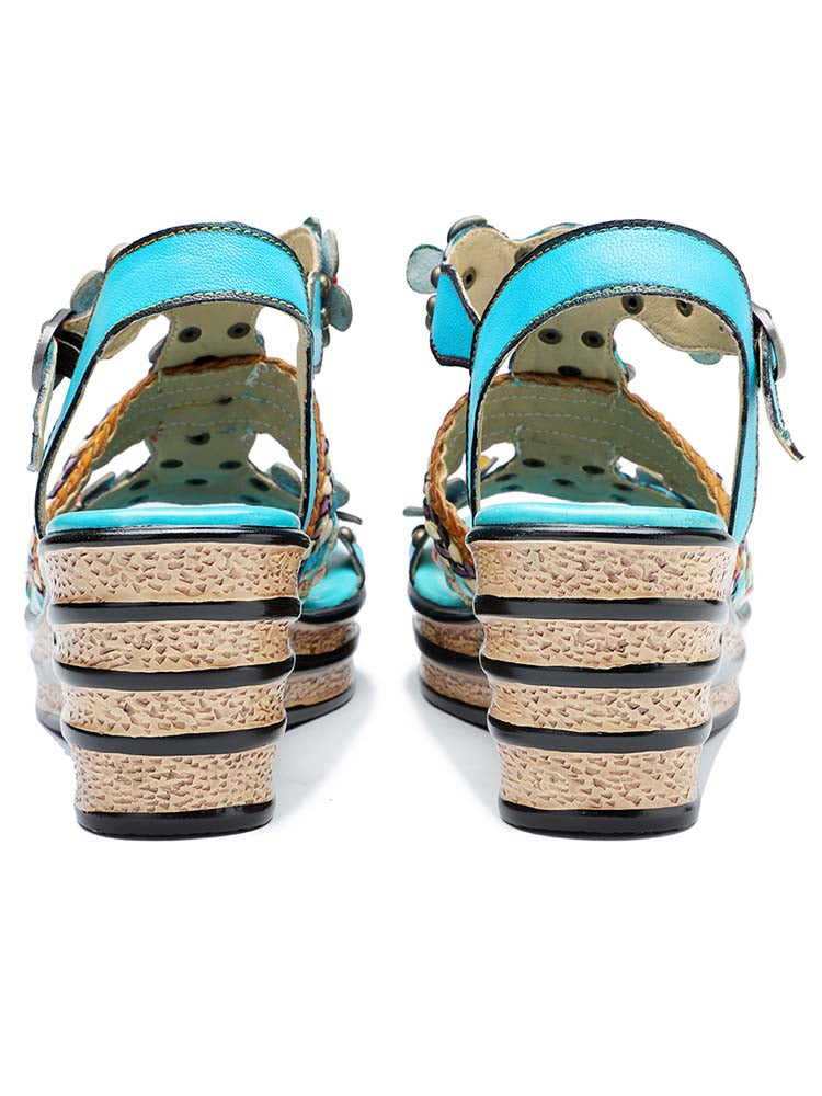 Starlit Confidence Handmade Floral Leather Wedge Sandals