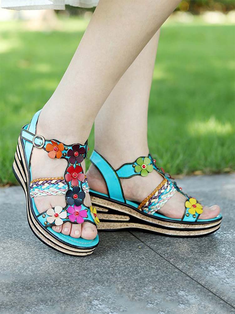 Starlit Confidence Handmade Floral Leather Wedge Sandals