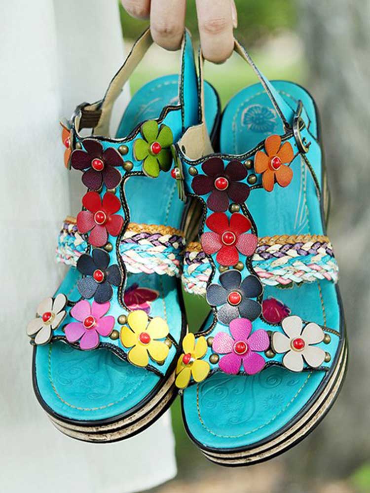 Starlit Confidence Handmade Floral Leather Wedge Sandals