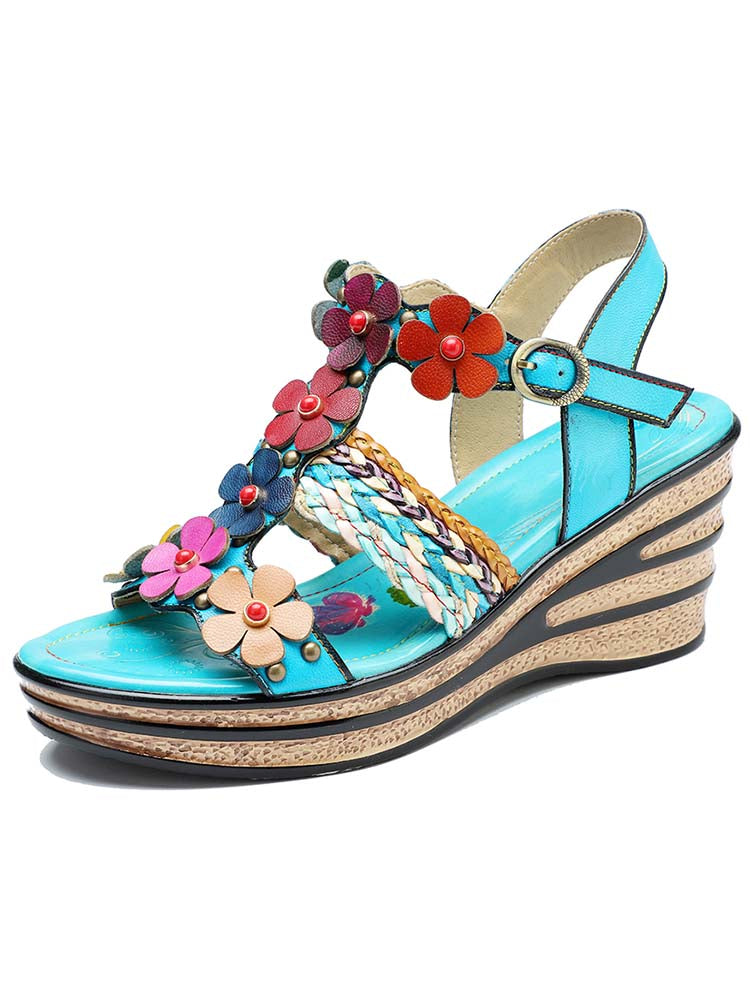 Starlit Confidence Handmade Floral Leather Wedge Sandals
