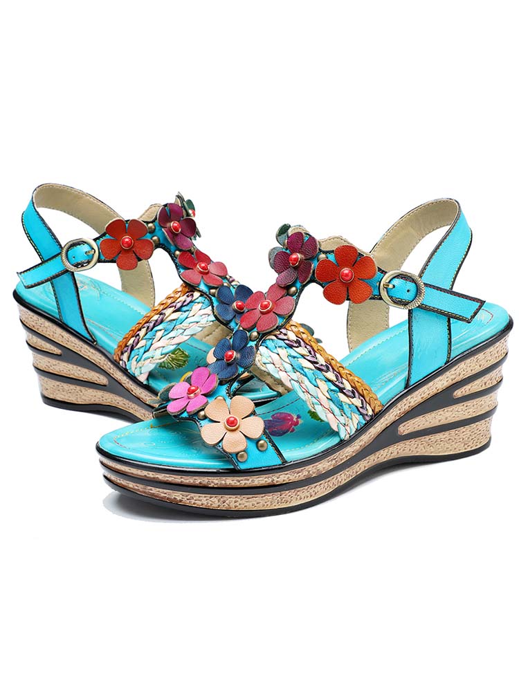 Starlit Confidence Handmade Floral Leather Wedge Sandals