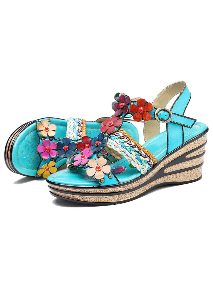 Starlit Confidence Handmade Floral Leather Wedge Sandals