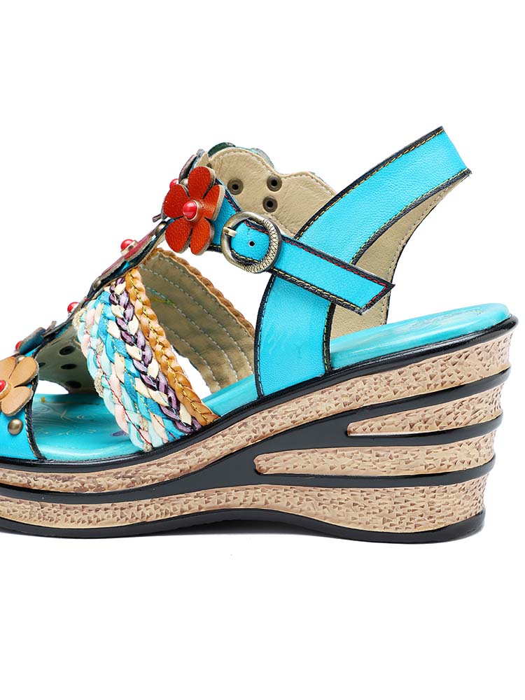 Starlit Confidence Handmade Floral Leather Wedge Sandals