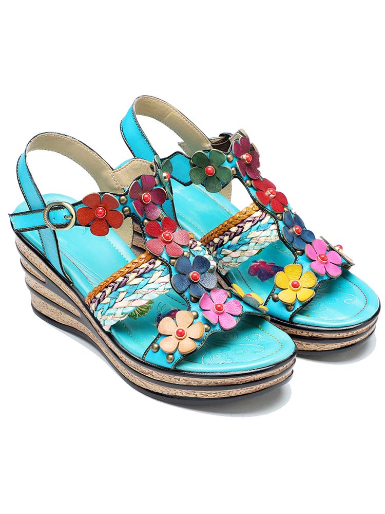Starlit Confidence Handmade Floral Leather Wedge Sandals