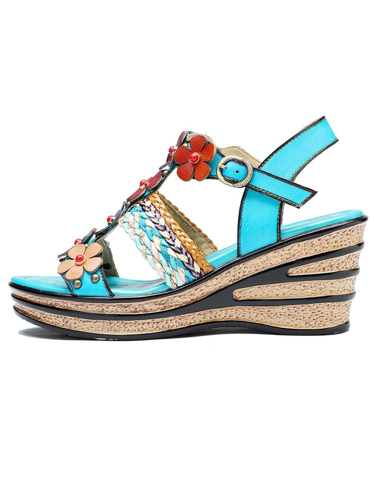Starlit Confidence Handmade Floral Leather Wedge Sandals