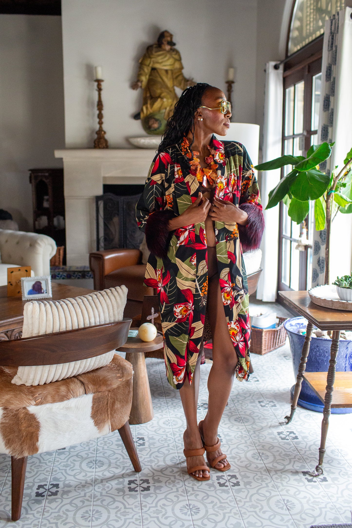 Jardin Nuit Faux Fur Koi Kimono