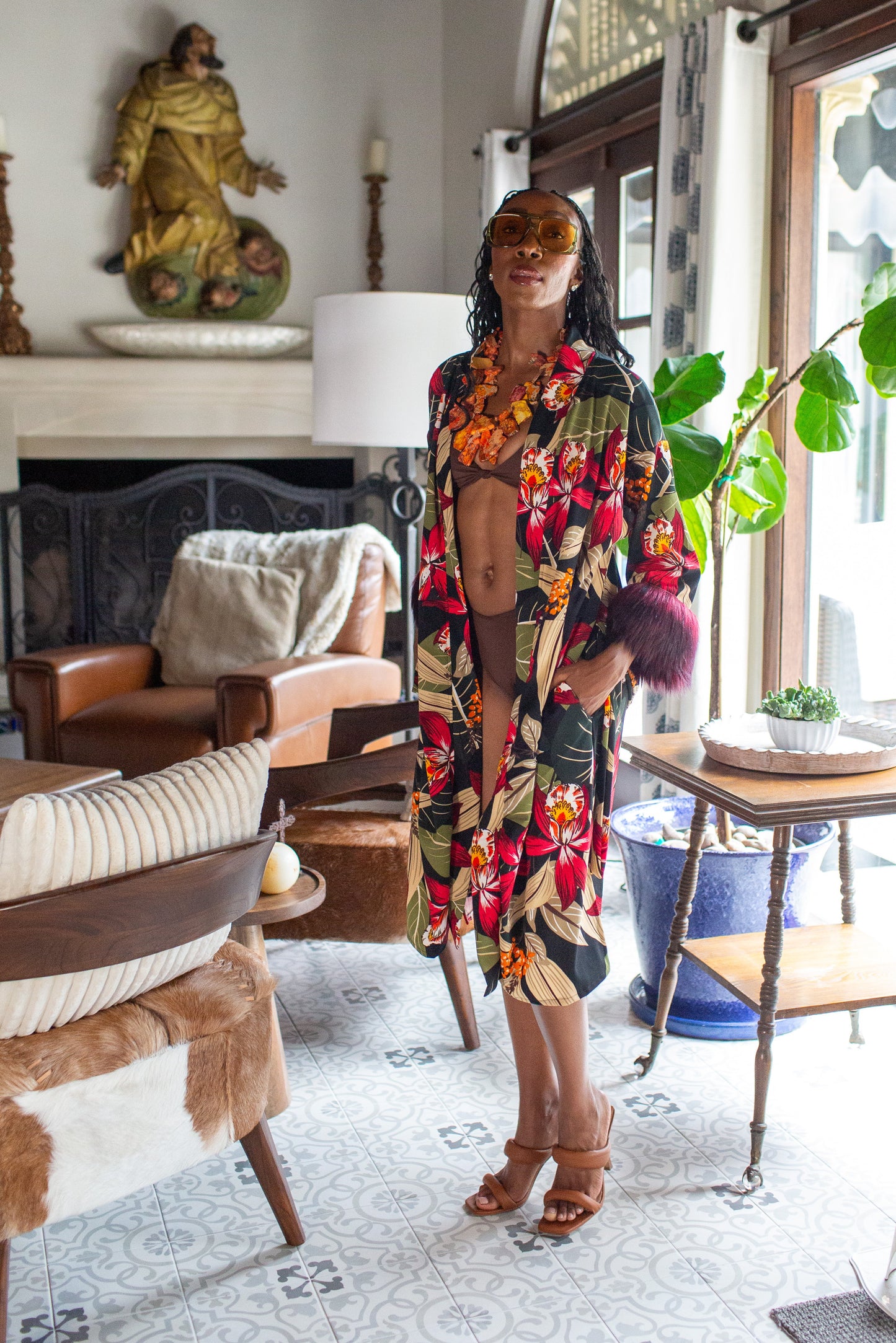 Jardin Nuit Faux Fur Koi Kimono