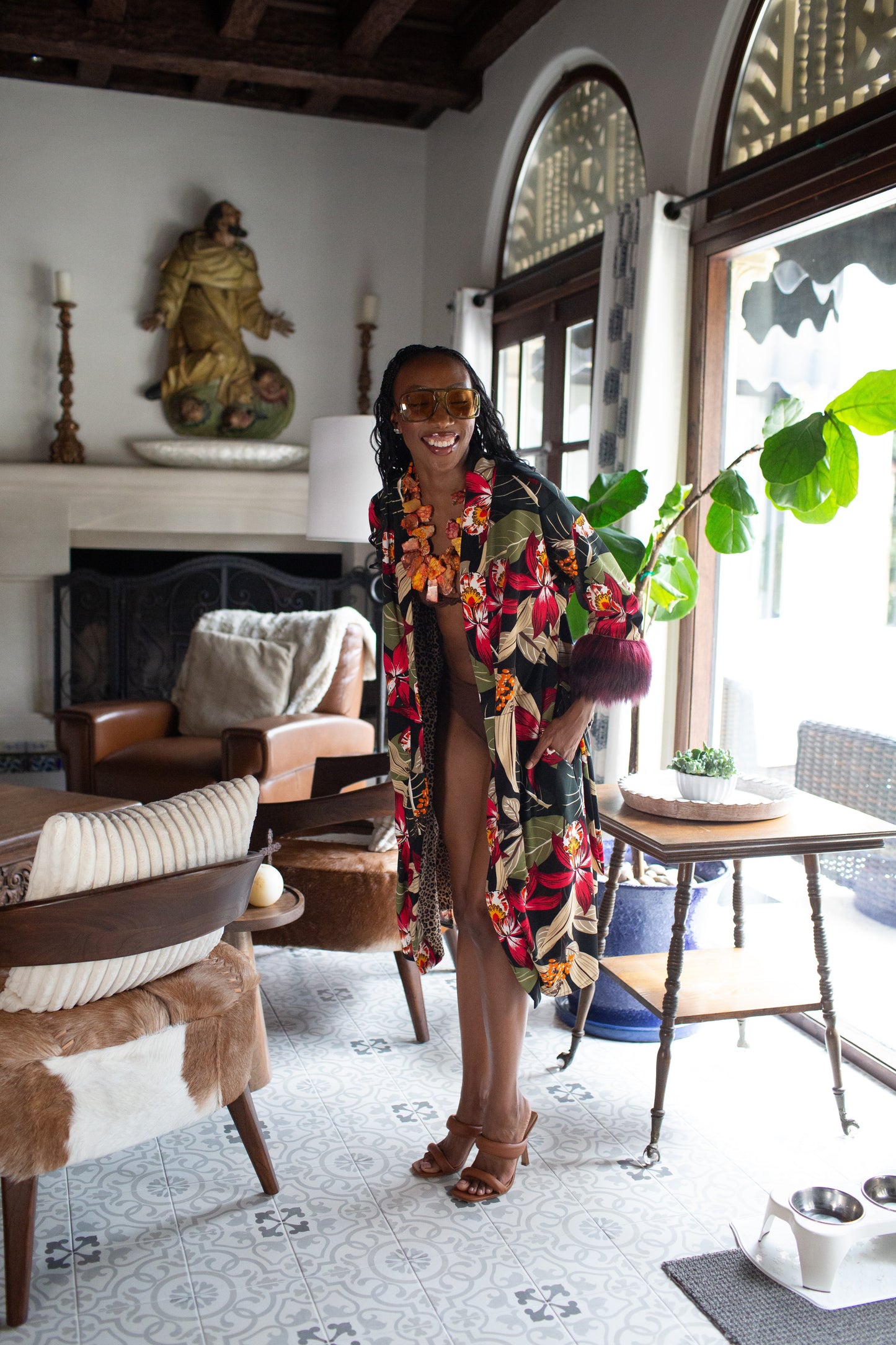 Jardin Nuit Faux Fur Koi Kimono