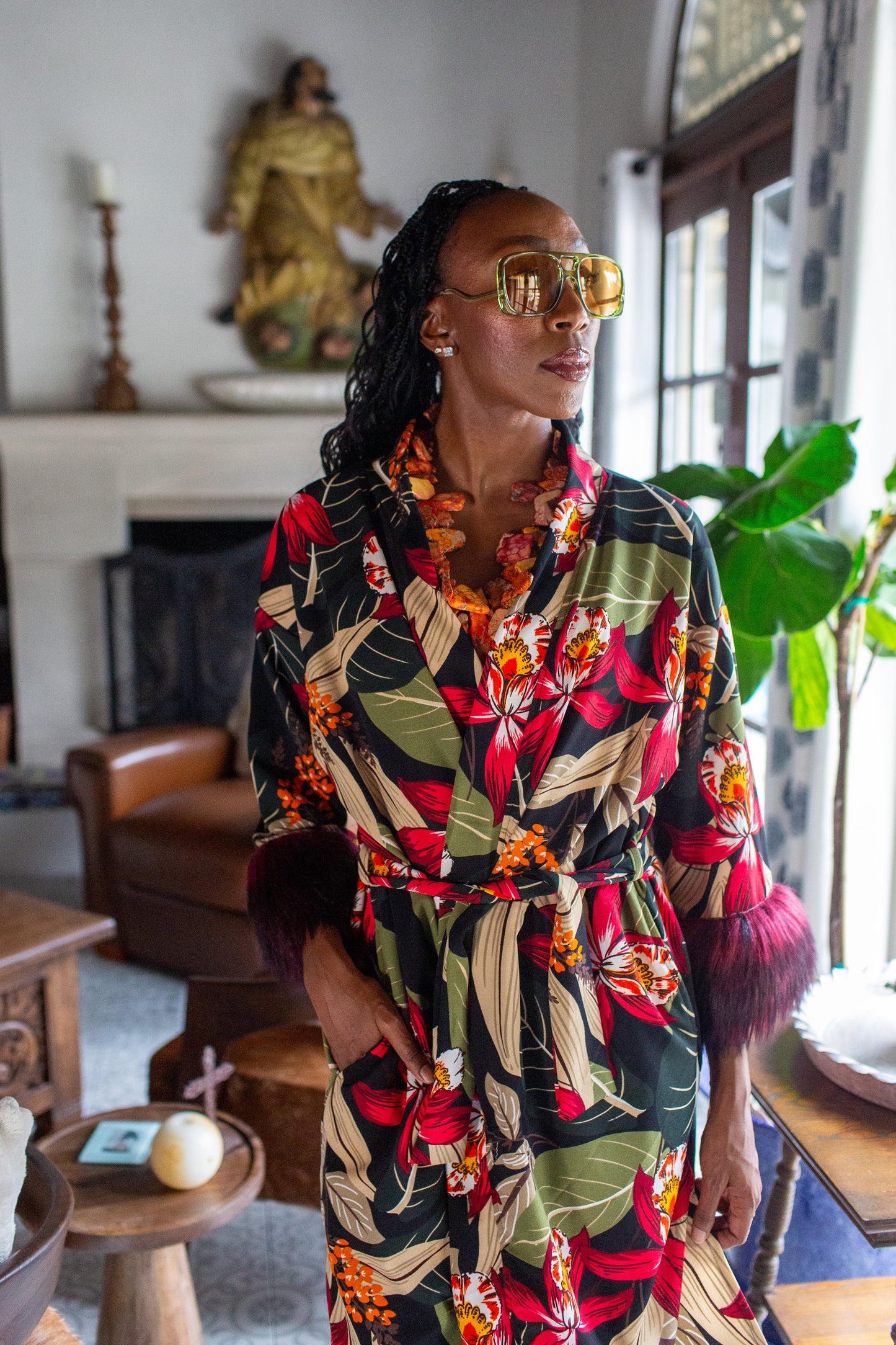 Jardin Nuit Faux Fur Koi Kimono