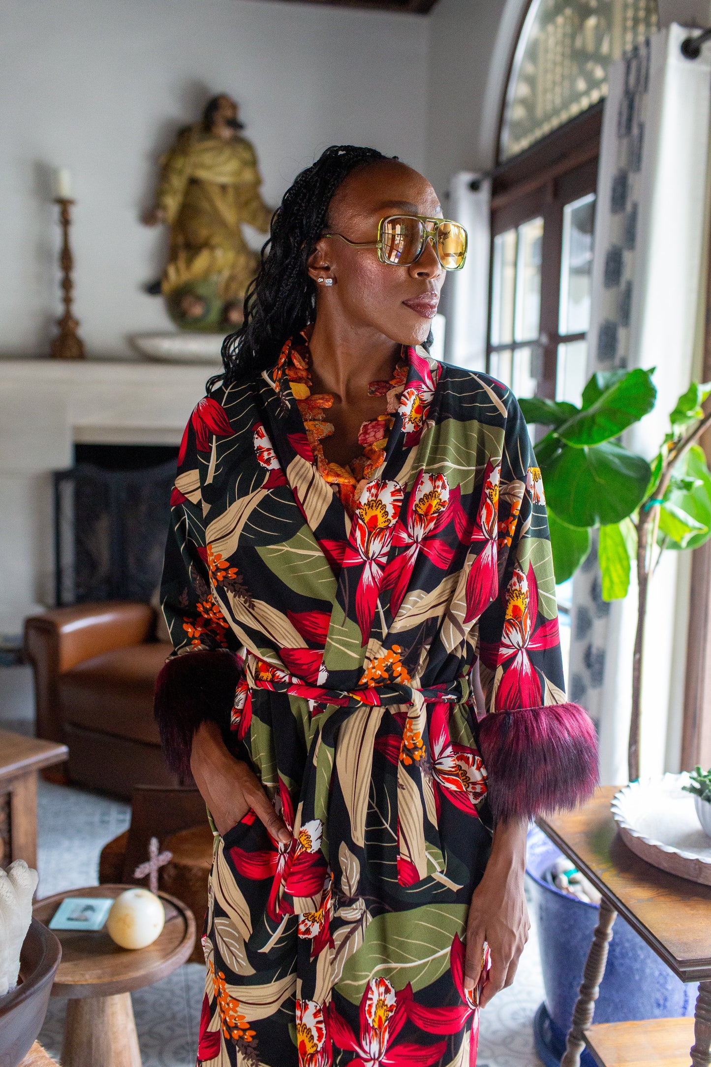 Jardin Nuit Faux Fur Koi Kimono