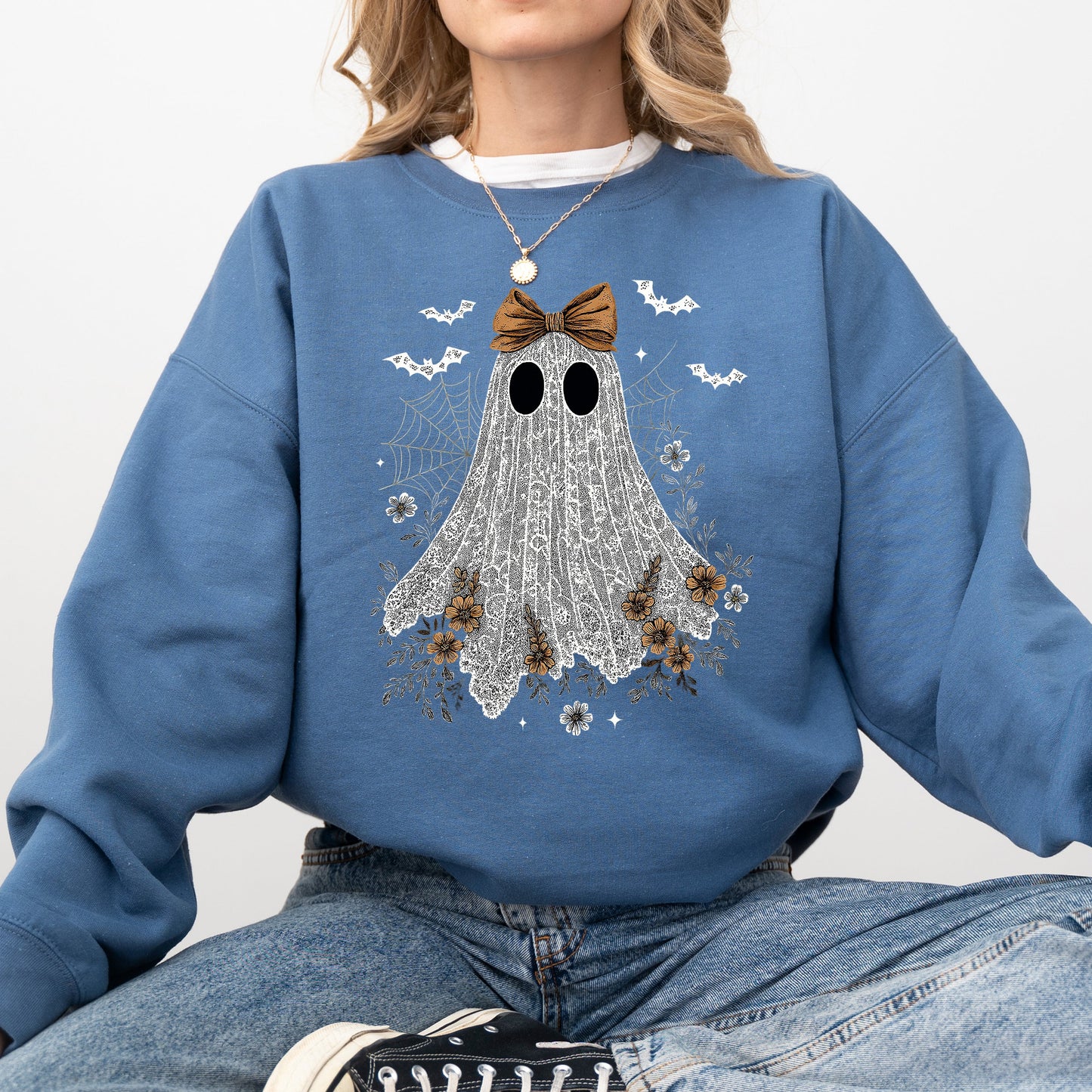 Cute Lace Ghost, Bow, Coquette, Bats, Halloween, Retro, Vintage, Spooky, Costume, Fall, Graphic Sweatshirt