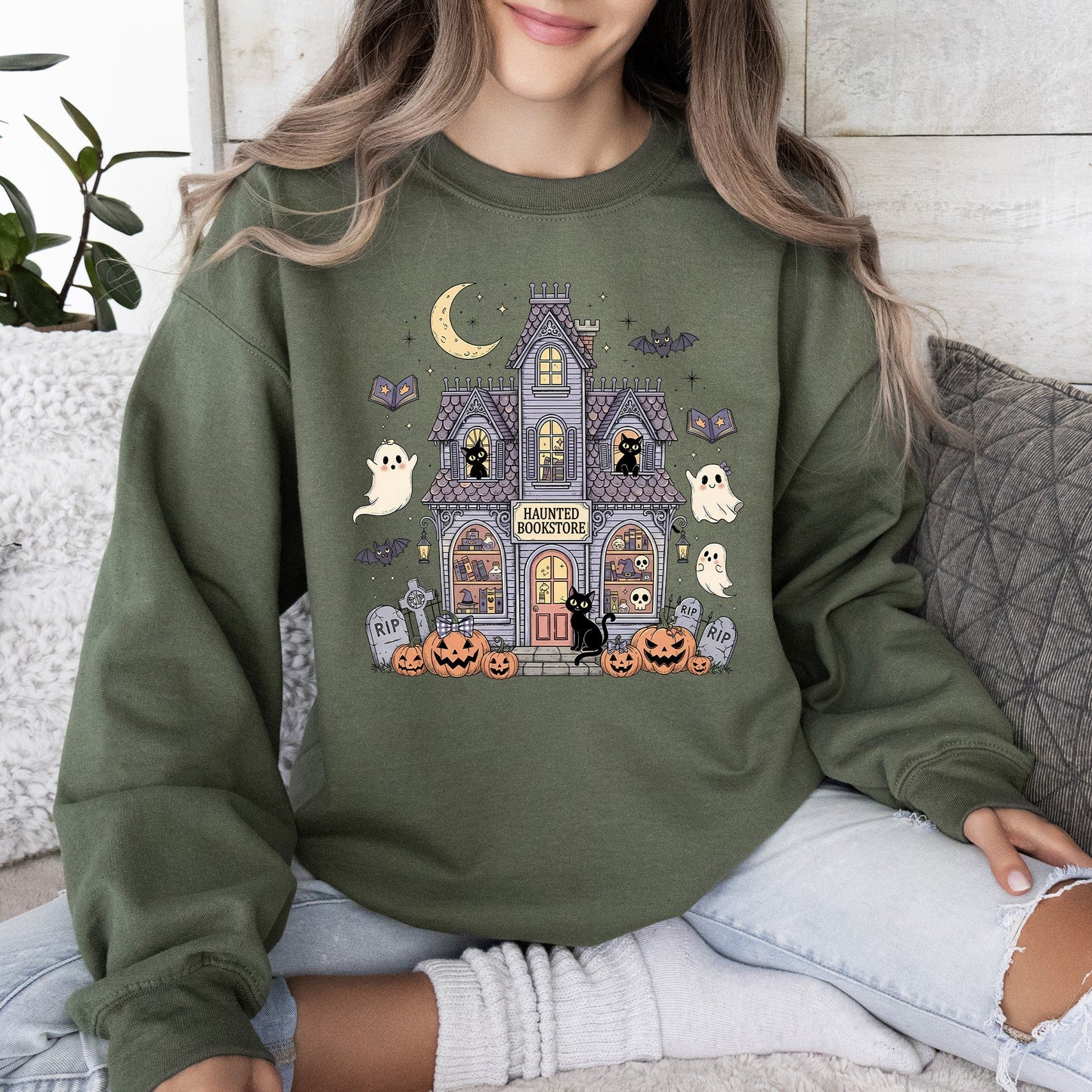 Haunted Book Store, Ghost, Halloween, Vintage, Pumpkin, Retro, Spooky, Costume, Fall, Graphic Sweatshirt