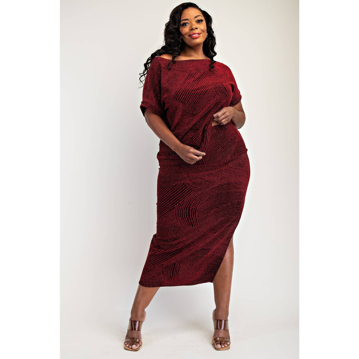 GIA PLUS SIZE LUREX KNIT SHORT SLEEVE TOP AND SKIRT SET