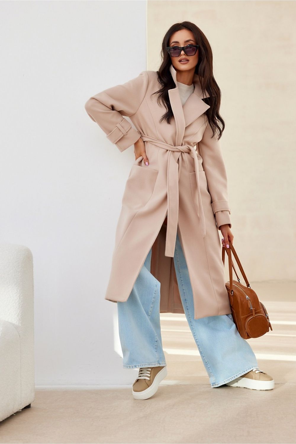 Loravinne Belted Long-Sleeve Lined Coat