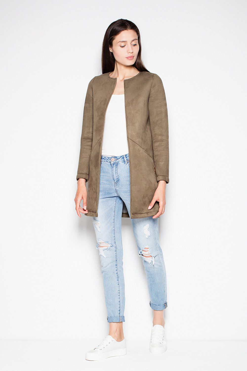 Rovienne Open-Front Topstitched Coat